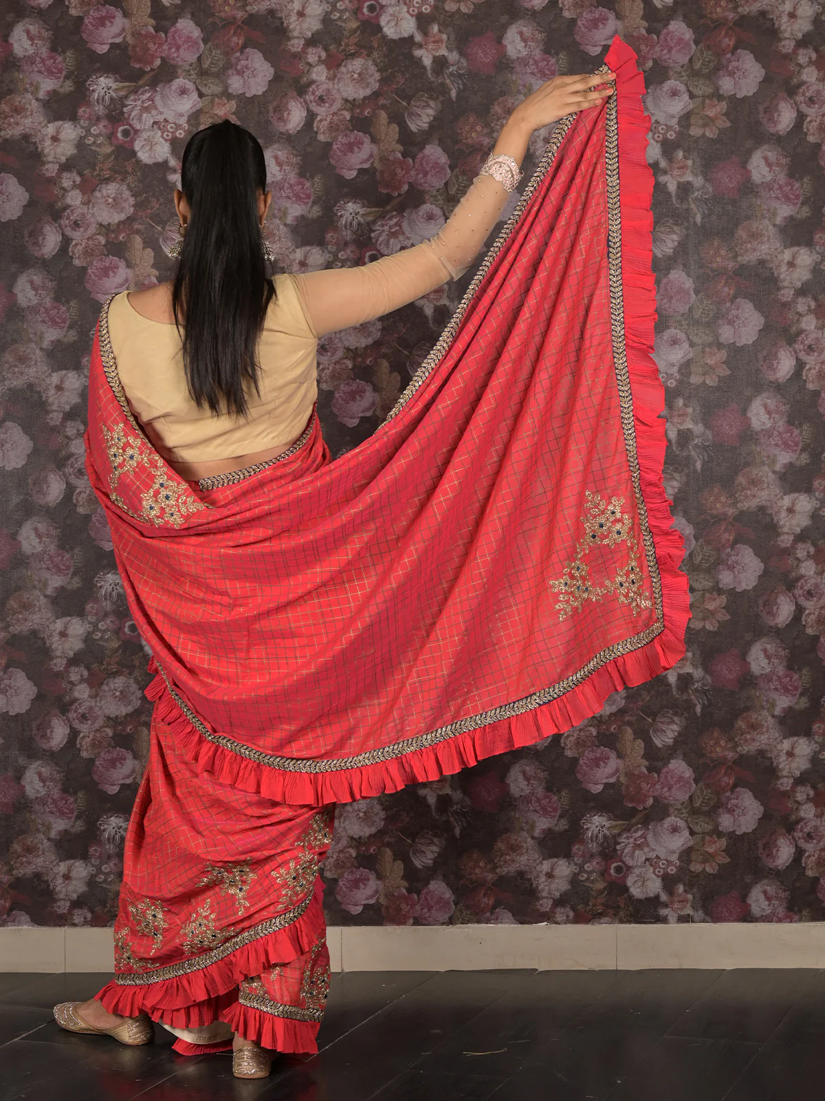 Odette Red Ruffled Polyester Saree Without Blouse For Women - Image 4