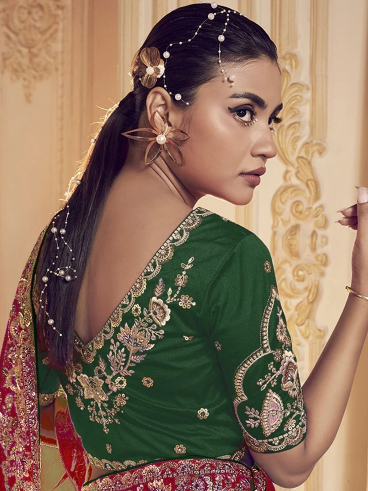 Odette Red Satin Embroidered Elegant Saree For Women - Image 3