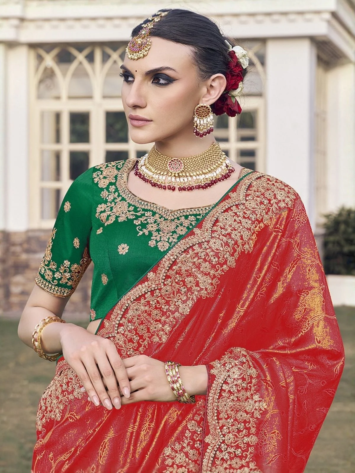 Odette Red Satin Embroidered Saree For Women - Image 2