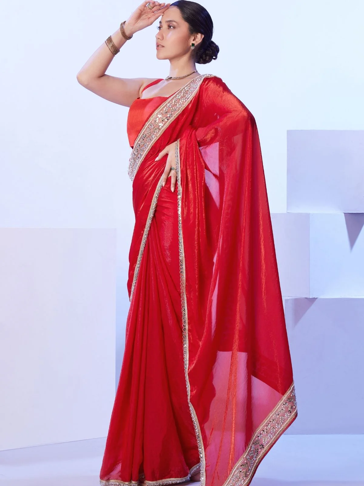 Odette Red Satin Lace Work Saree With Unstitched Blouse For Women - Image 3