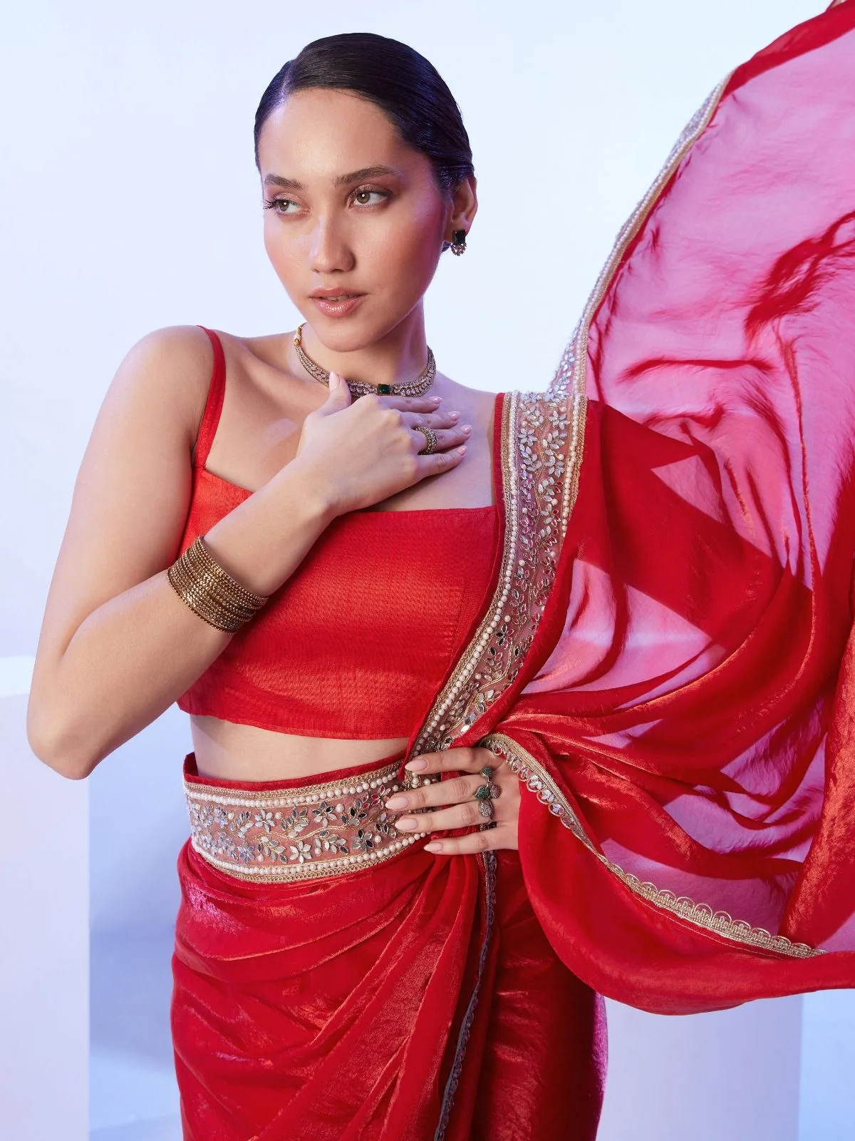Odette Red Satin Lace Work Saree With Unstitched Blouse For Women - Image 4