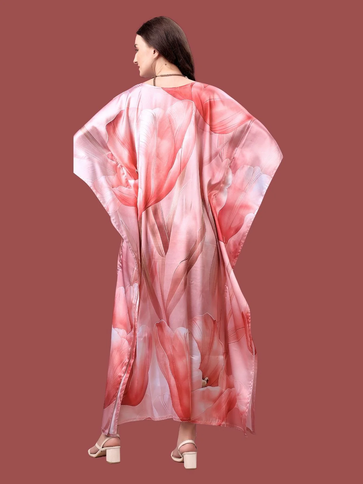 Odette Red Satin Printed Kaftan For Women - Image 3
