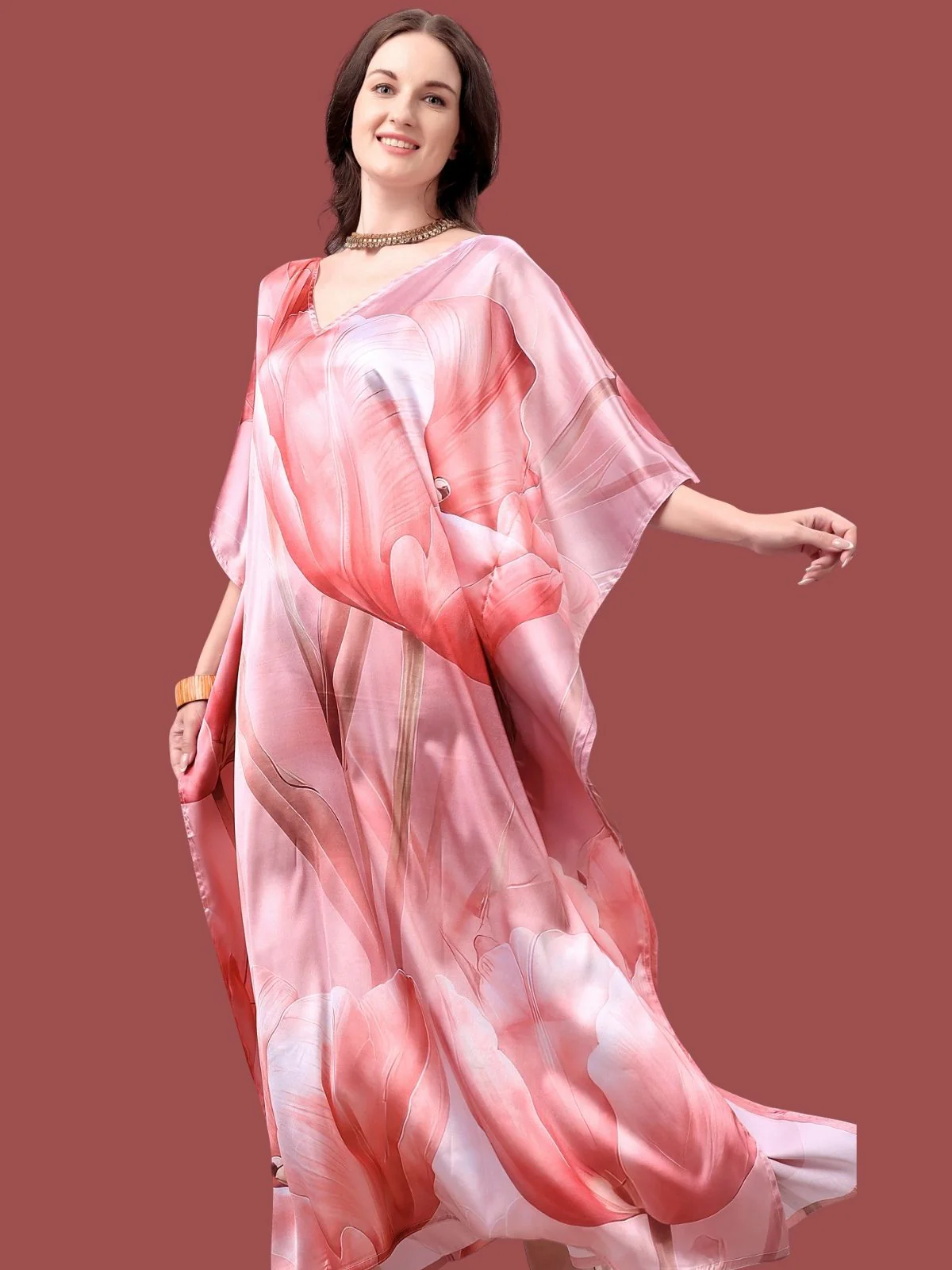 Odette Red Satin Printed Kaftan For Women - Image 4
