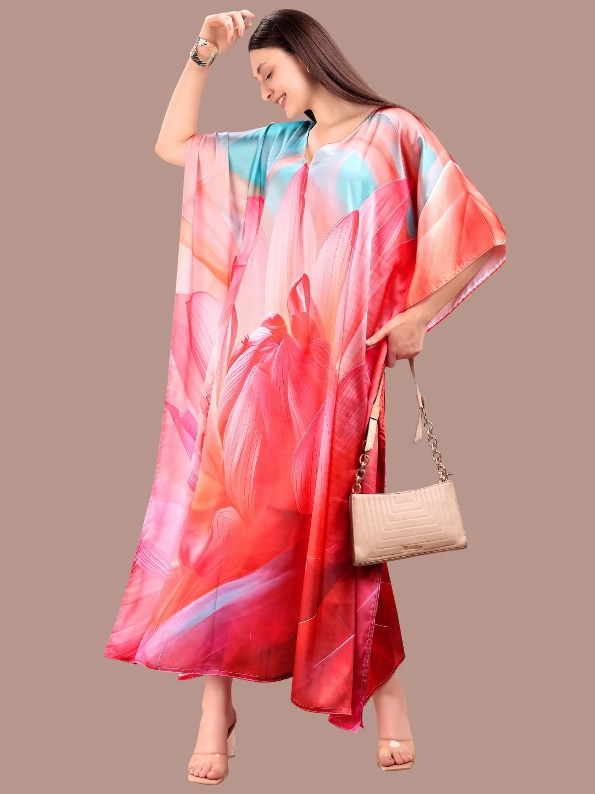Odette Red Satin Printed Kaftan For Women - Image 2