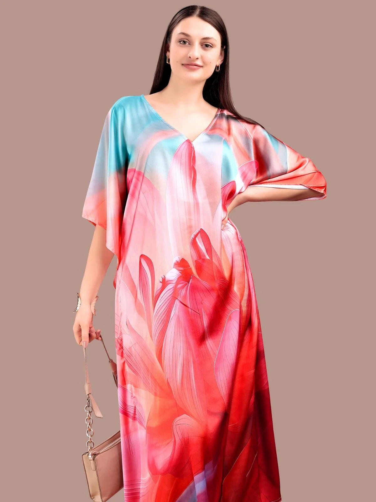 Odette Red Satin Printed Kaftan For Women - Image 4
