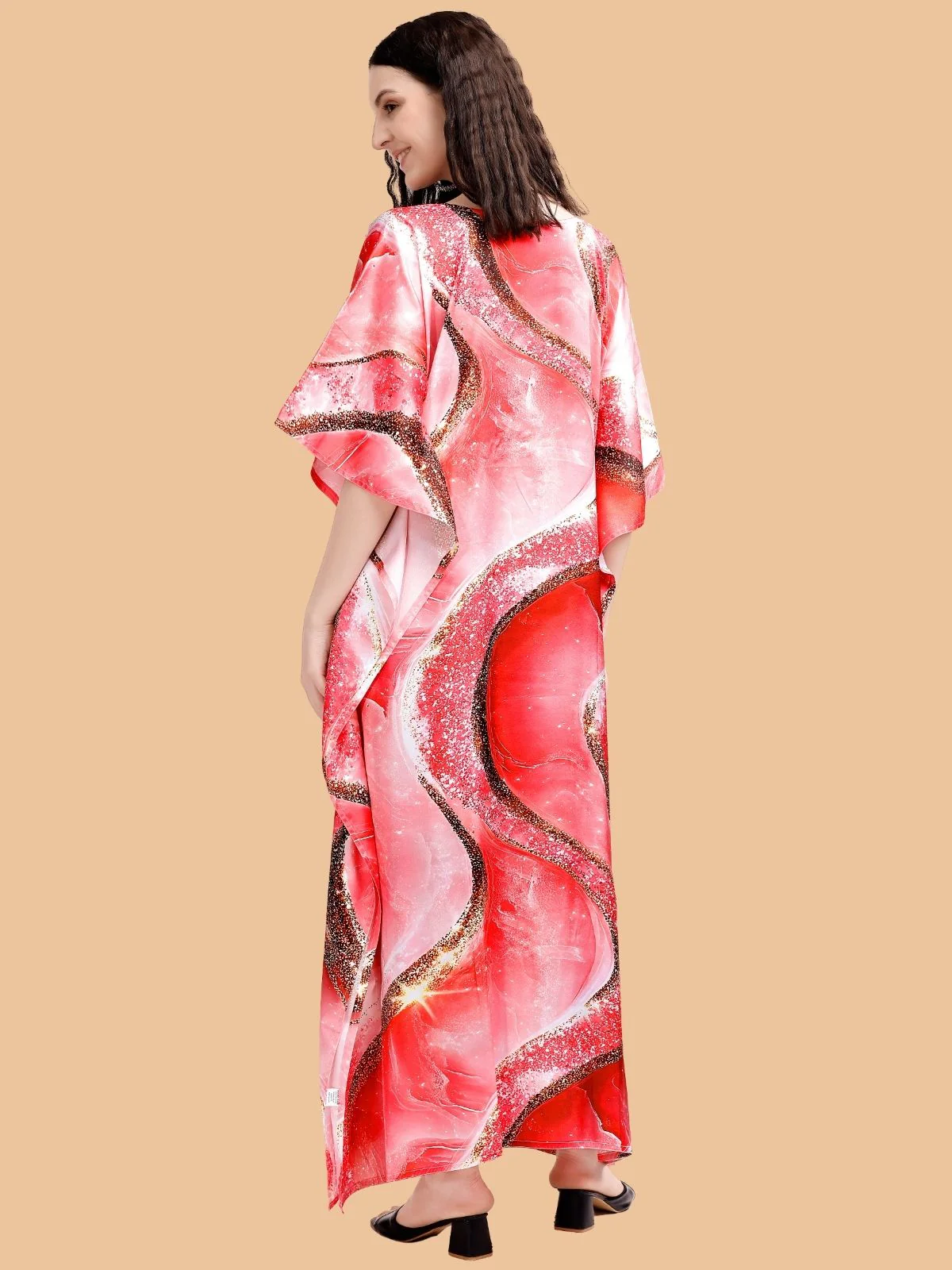 Odette Red Satin Printed Kaftan For Women - Image 3