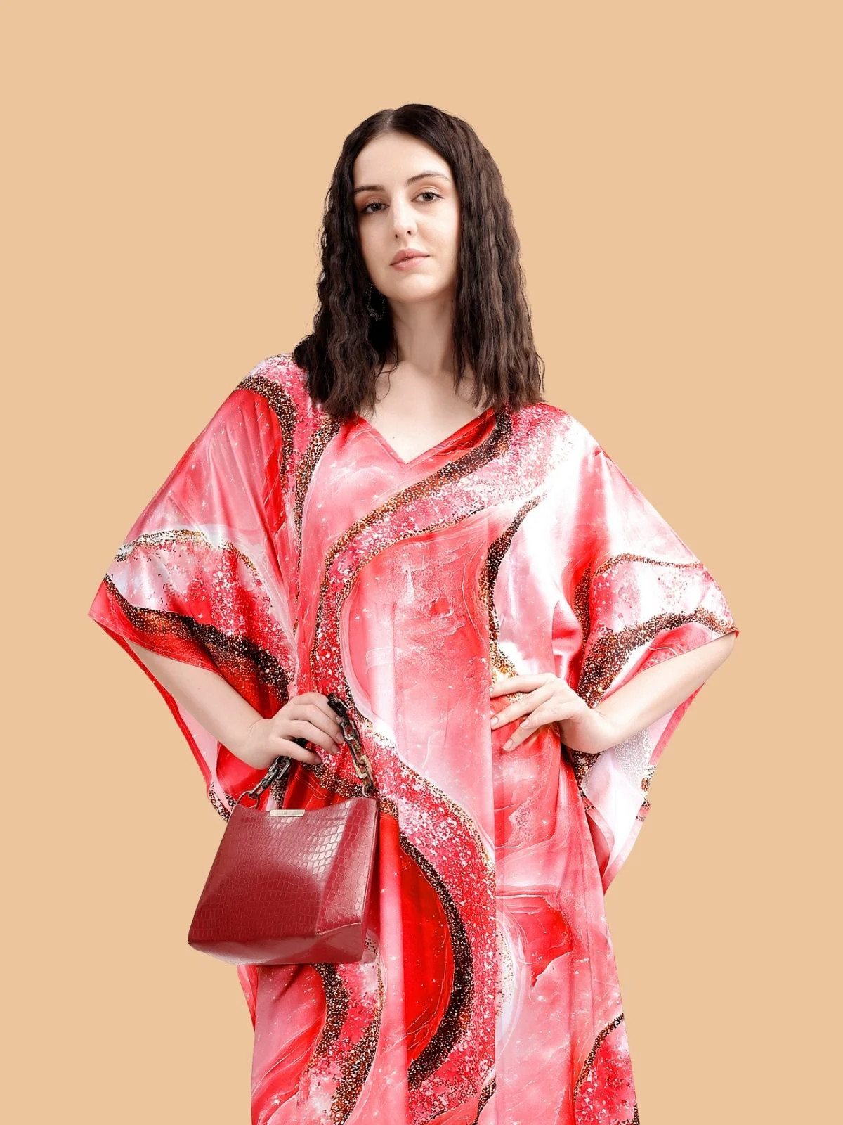 Odette Red Satin Printed Kaftan For Women - Image 4