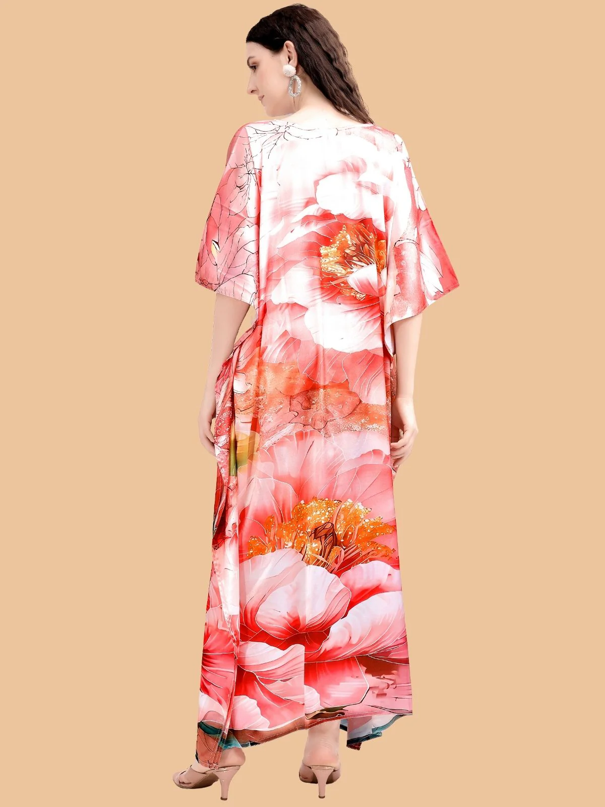 Odette Red Satin Printed Kaftan For Women - Image 3