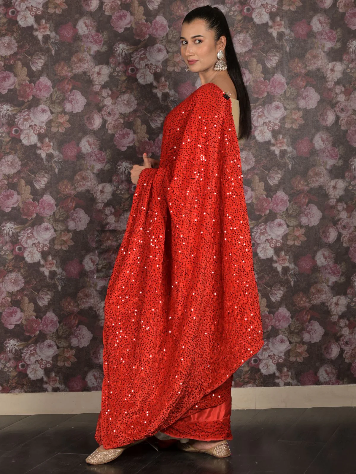 Odette Red Satin Saree With Unstitched Blouse For Women - Image 3