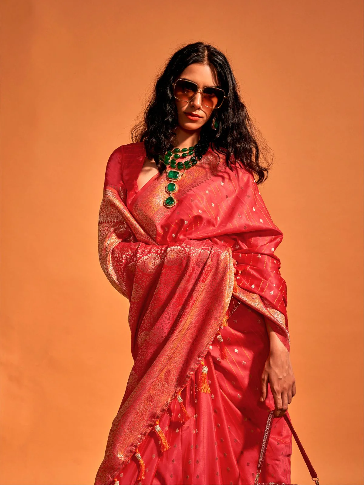 Odette Red Satin Woven Saree With Unstitched Blouse For Women - Image 2
