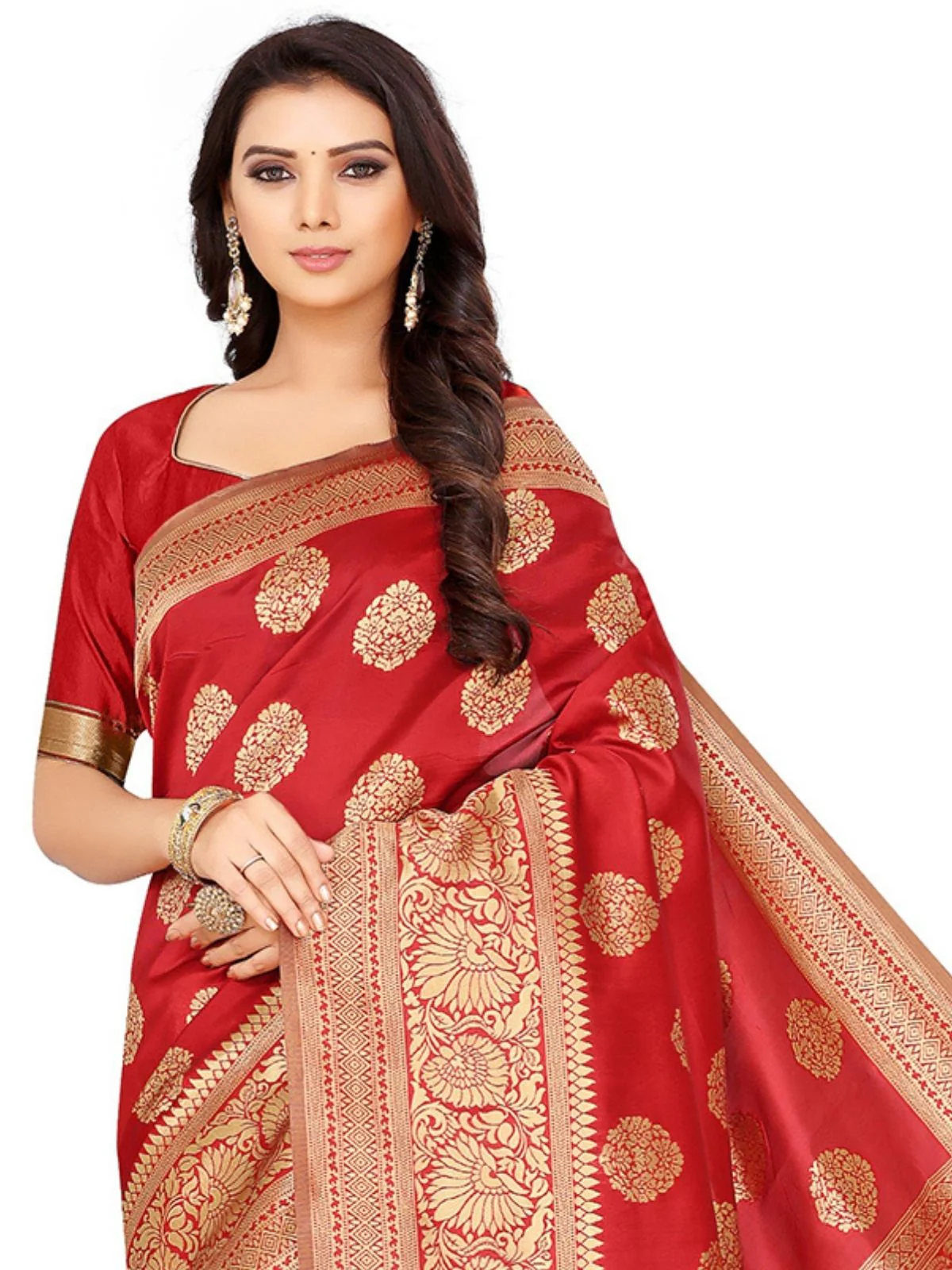 Odette Red Silk Blend Embellished Saree For Women - Image 5