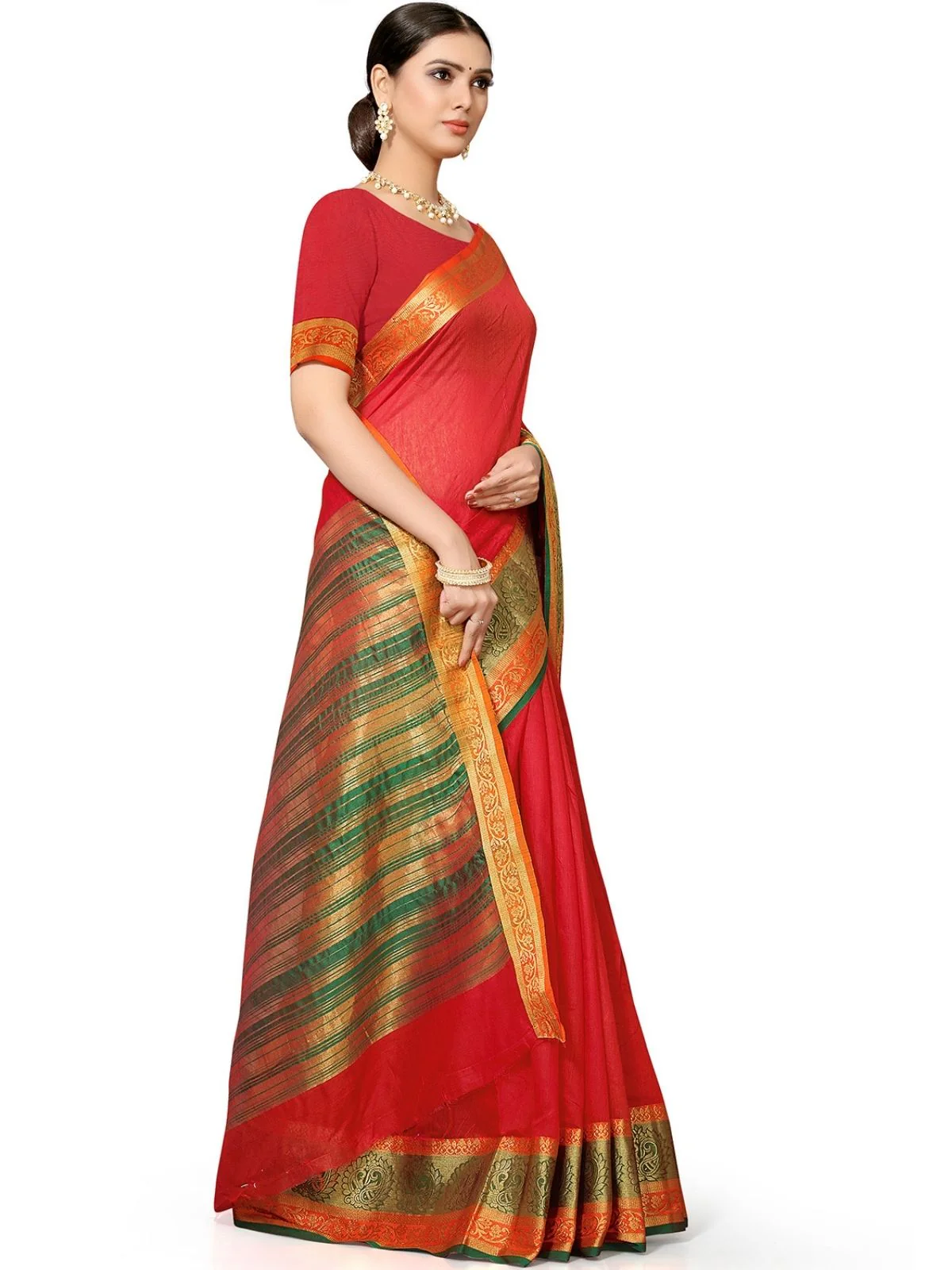 Odette Red Silk Blend Embellished Saree For Women - Image 3