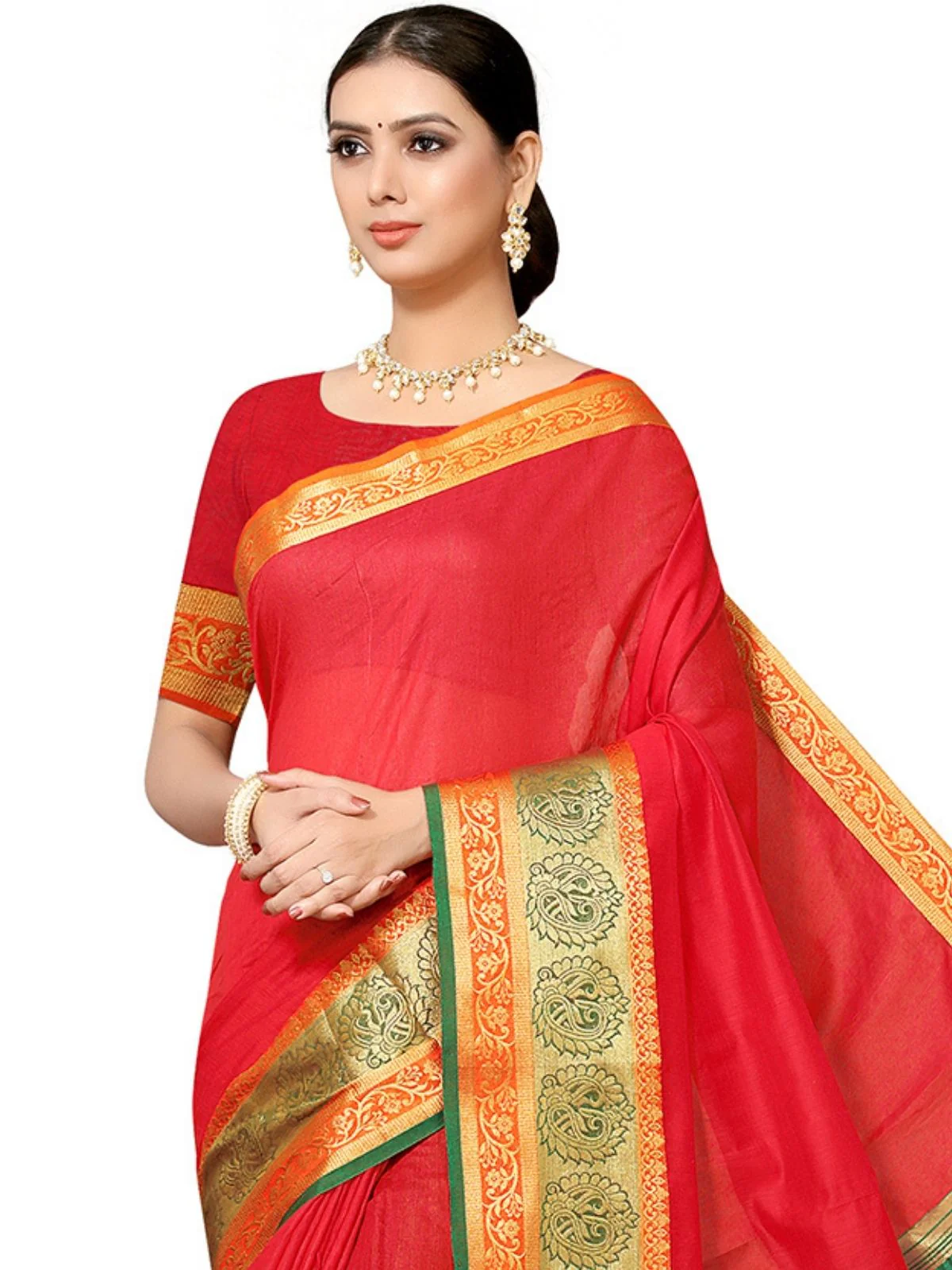 Odette Red Silk Blend Embellished Saree For Women - Image 5