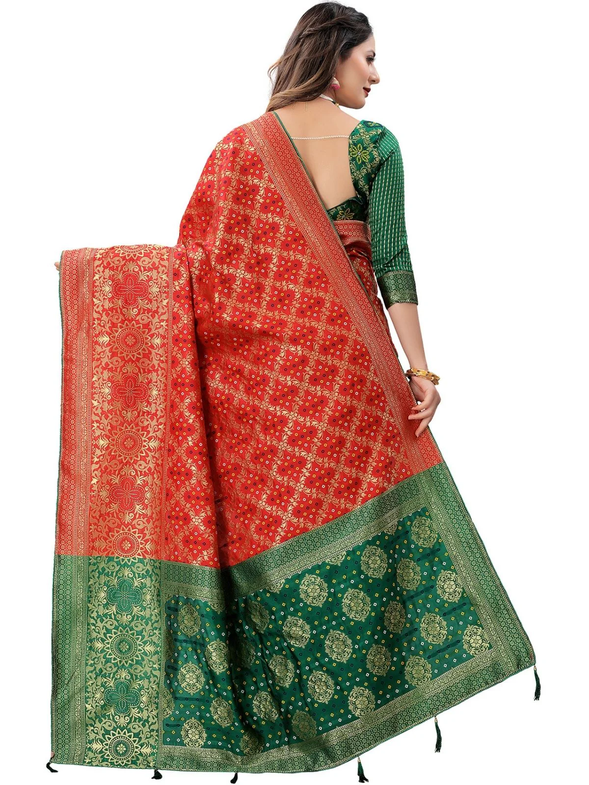 Odette Red Silk Blend Embellished Saree For Women - Image 3
