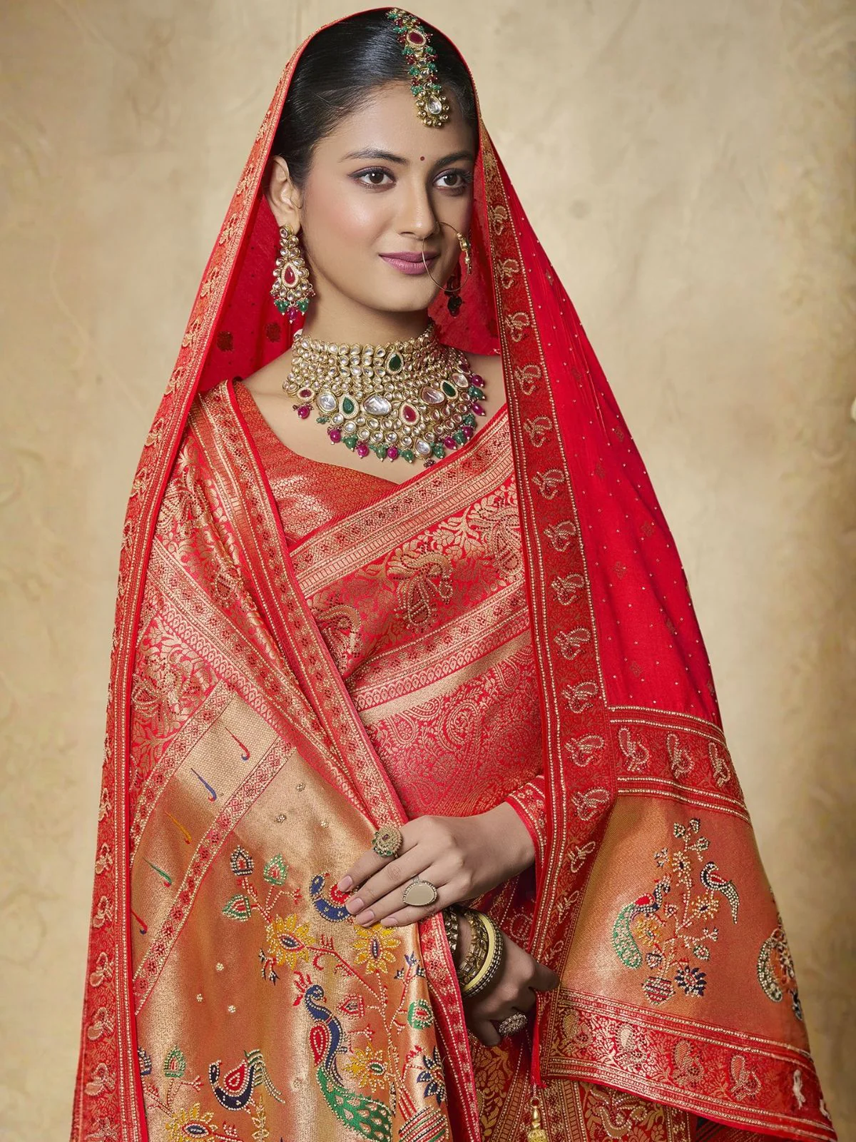 Odette Red Silk Blend Embellished Saree For Women - Image 3