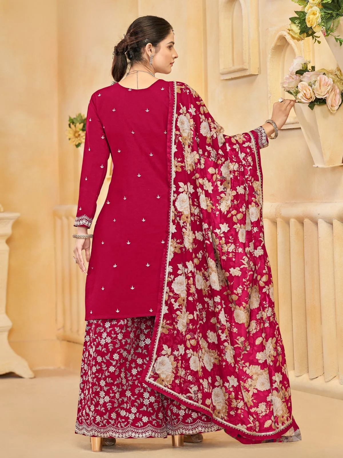 Odette Red Silk Blend Embroidered Semi-Stiched Kurta Set For Women - Image 3