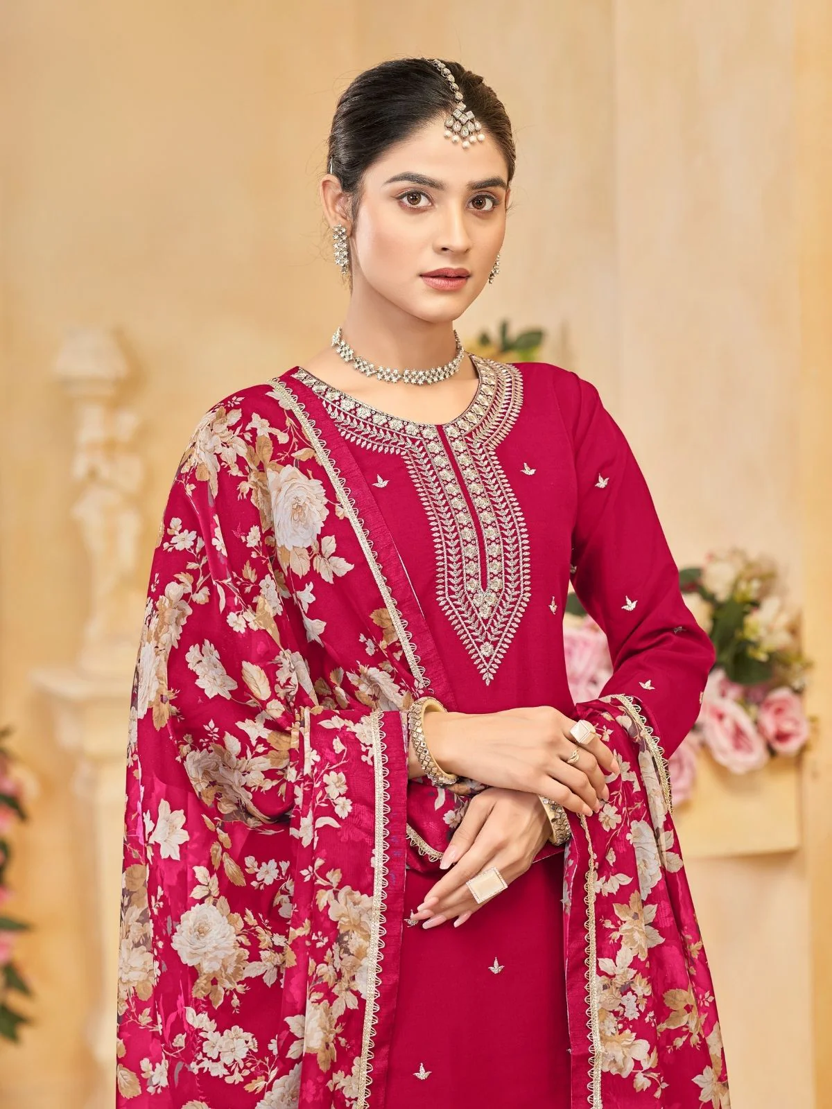 Odette Red Silk Blend Embroidered Semi-Stiched Kurta Set For Women - Image 4