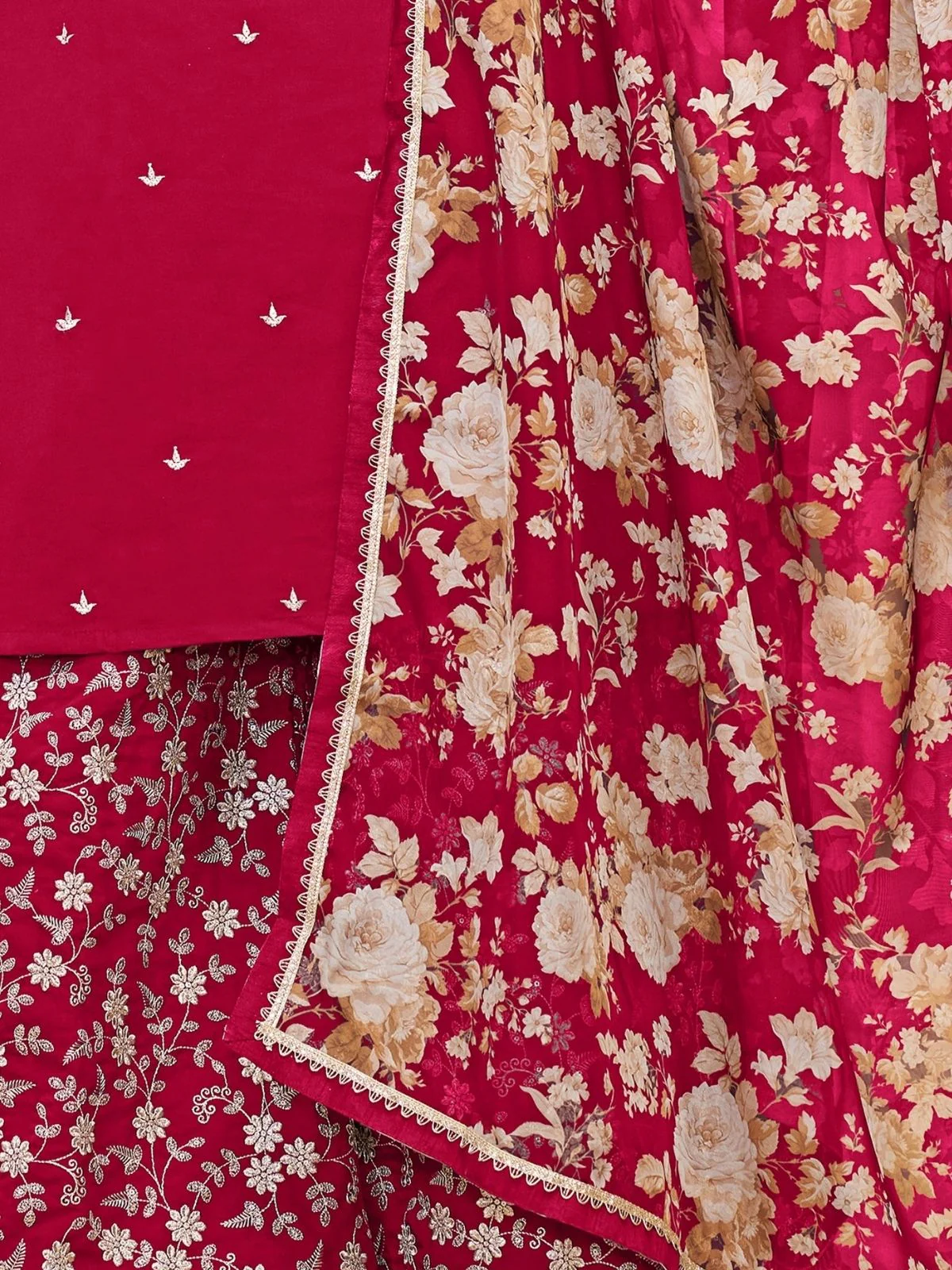 Odette Red Silk Blend Embroidered Semi-Stiched Kurta Set For Women - Image 5