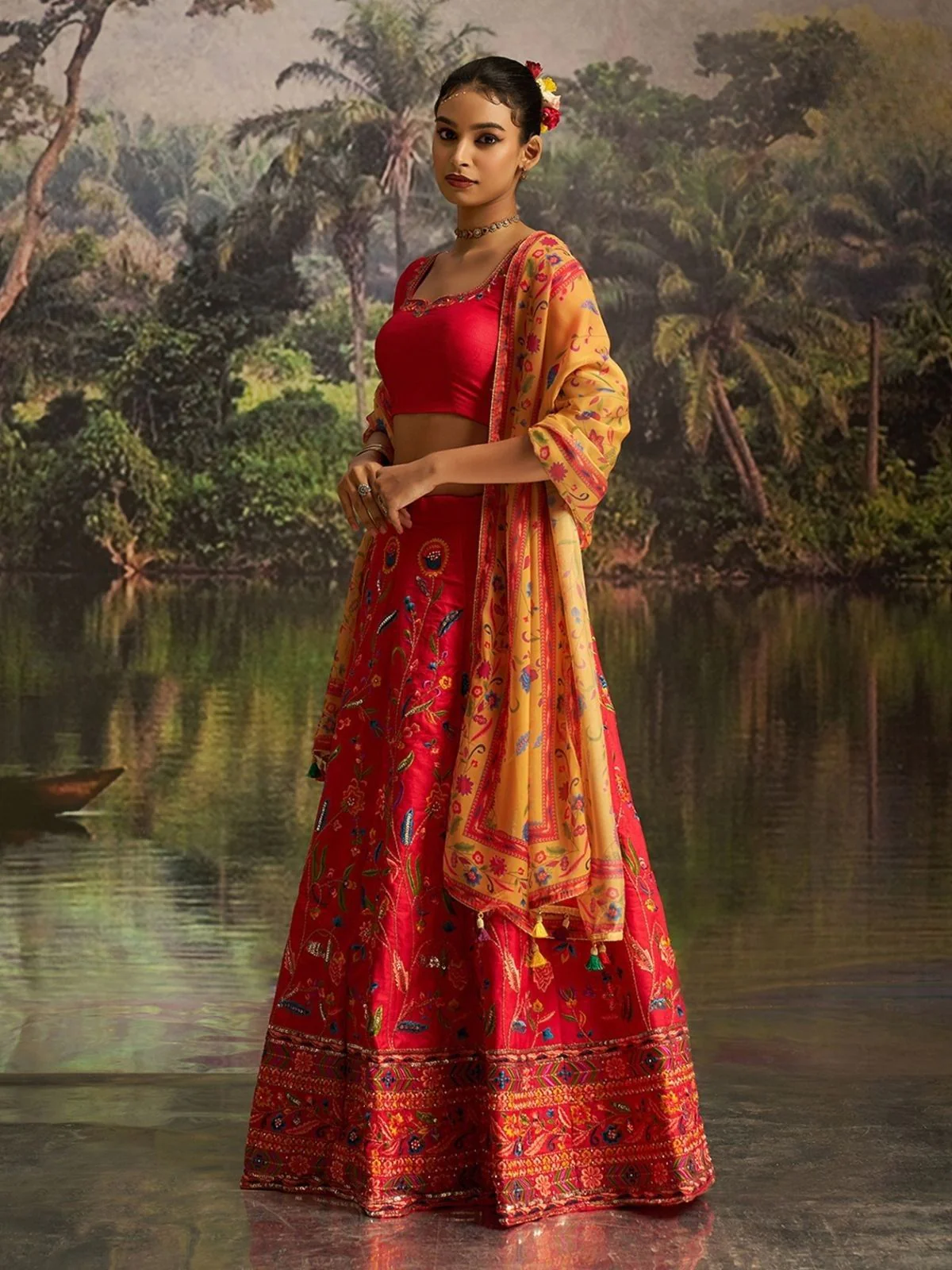 Odette Red Silk Blend Embroidered Semi-Stitched Lehenga Choli For Women - Image 3