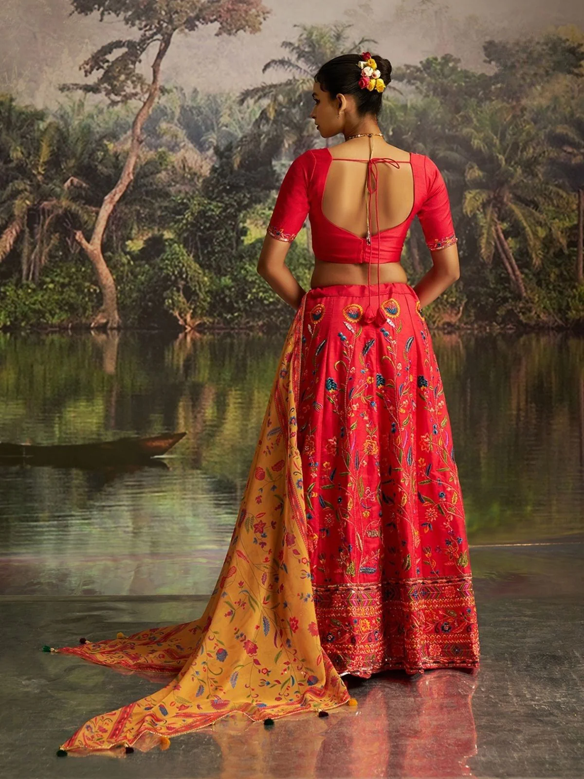 Odette Red Silk Blend Embroidered Semi-Stitched Lehenga Choli For Women - Image 5