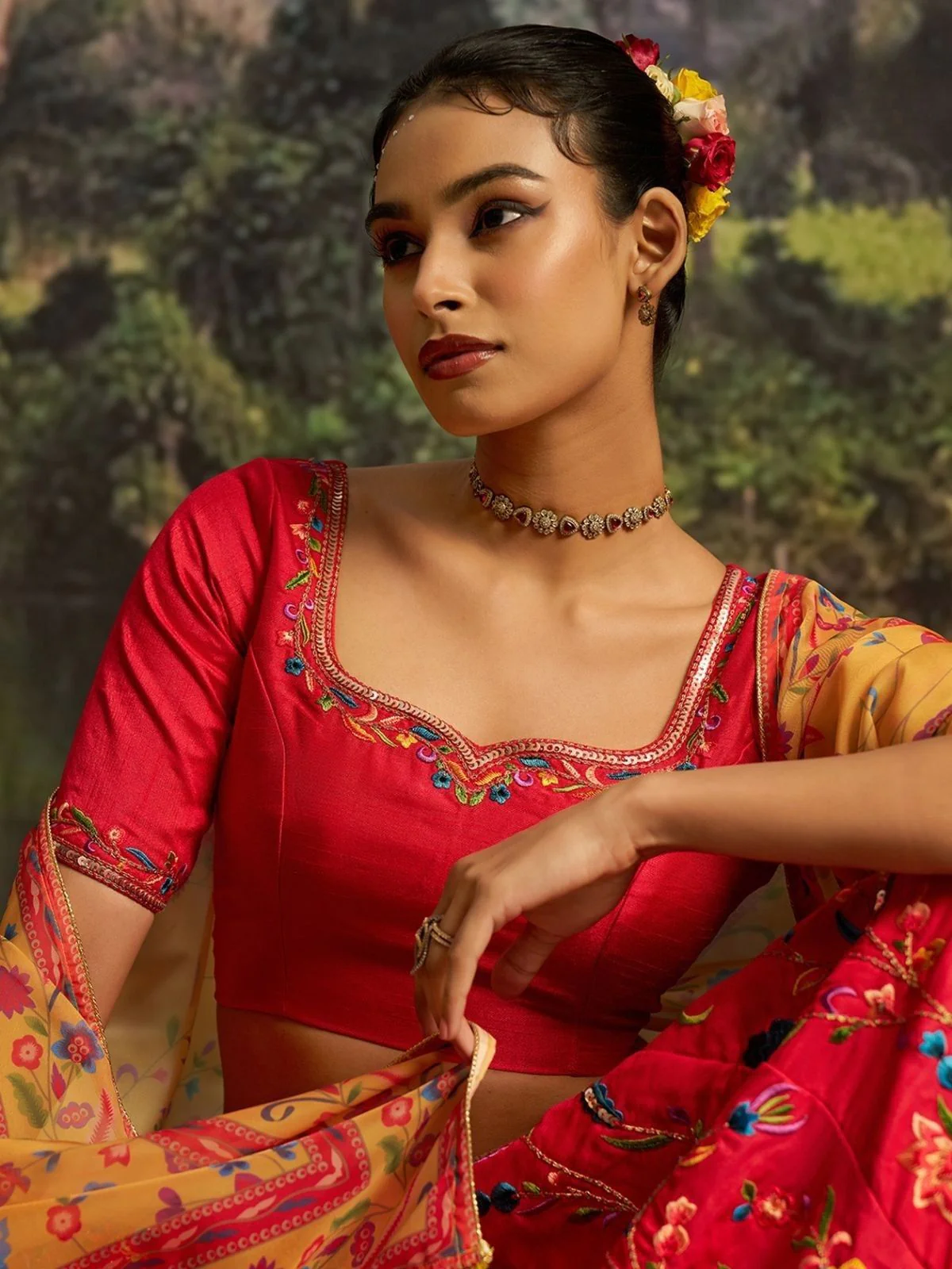 Odette Red Silk Blend Embroidered Semi-Stitched Lehenga Choli For Women - Image 6
