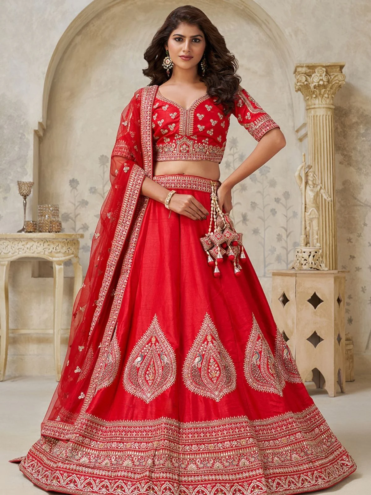 Odette Red Silk Blend Embroidered Semi-Stitched Lehenga For Women
