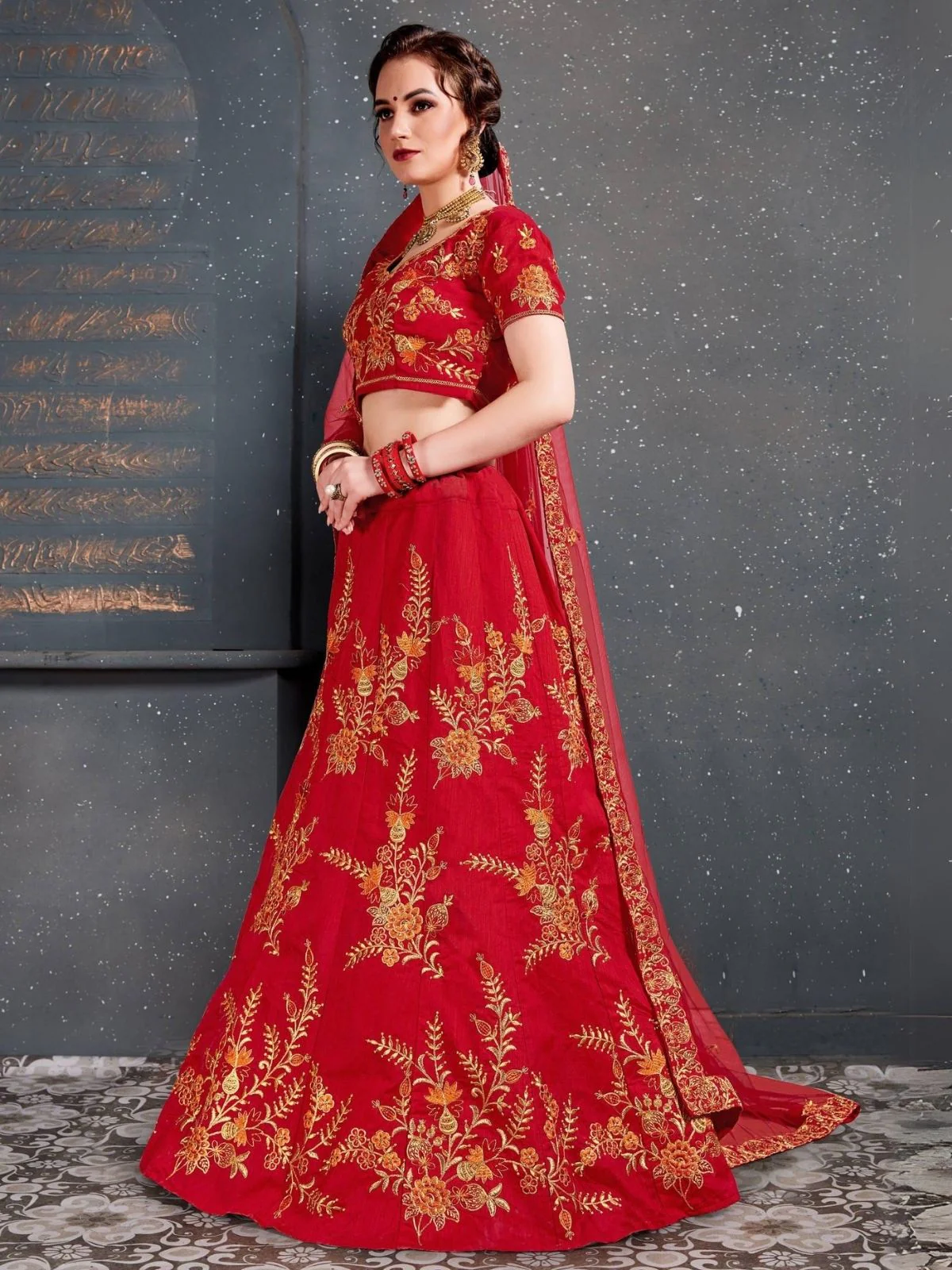 Odette Red Silk Blend Embroidered Semi Stitched Lehenga With Blouse For Women - Image 2