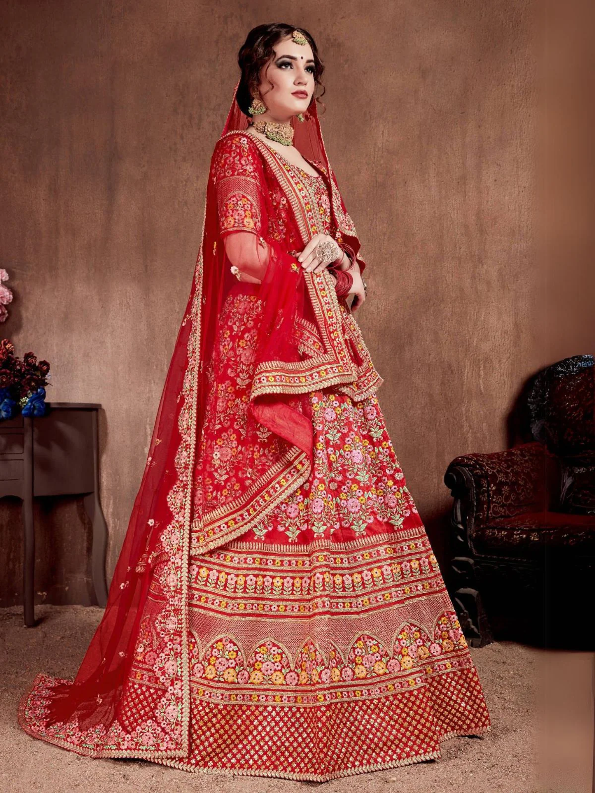 Odette Red Silk Blend Embroidered Semi Stitched Lehenga With Blouse For Women - Image 2