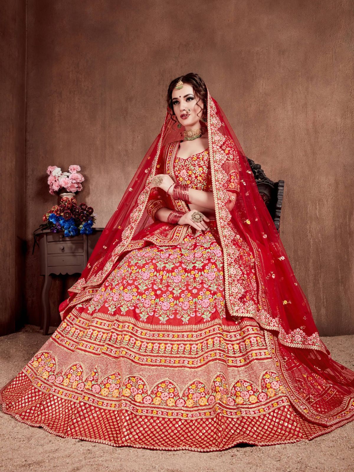 Odette Red Silk Blend Embroidered Semi Stitched Lehenga With Blouse For Women - Image 3