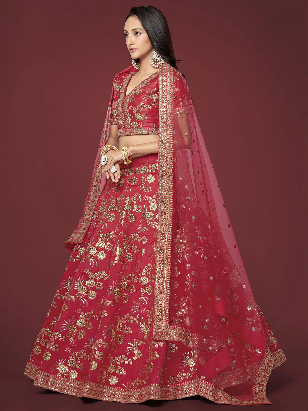 Odette Red Silk Blend Embroidered Semi Stitched Lehenga With Unstitched Blouse For Women - Image 2