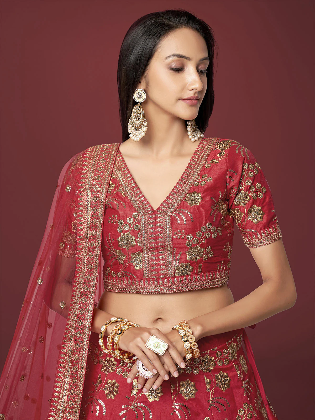 Odette Red Silk Blend Embroidered Semi Stitched Lehenga With Unstitched Blouse For Women - Image 5