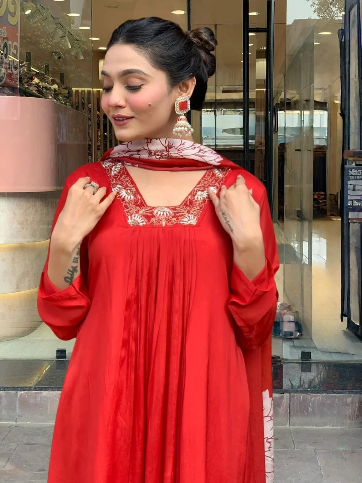 Odette Red Silk Blend Embroidered Stitched Kurta Set For Women - Image 3