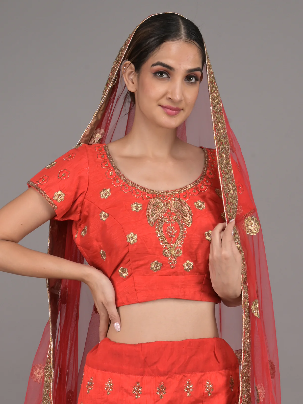 Odette Red Embroidered Silk Blend Stitched Lehenga Set For Women - Image 4