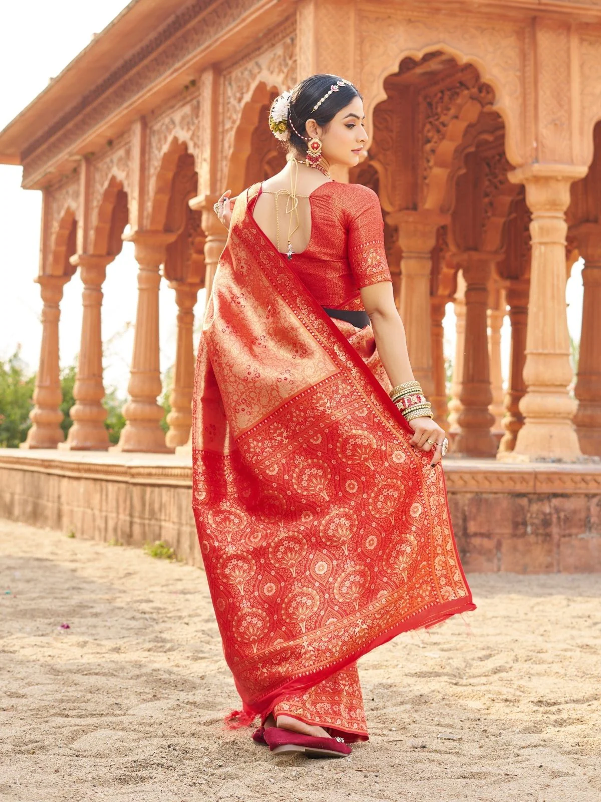 Odette Red Silk Blend Woven Banarasi Saree For Women - Image 4
