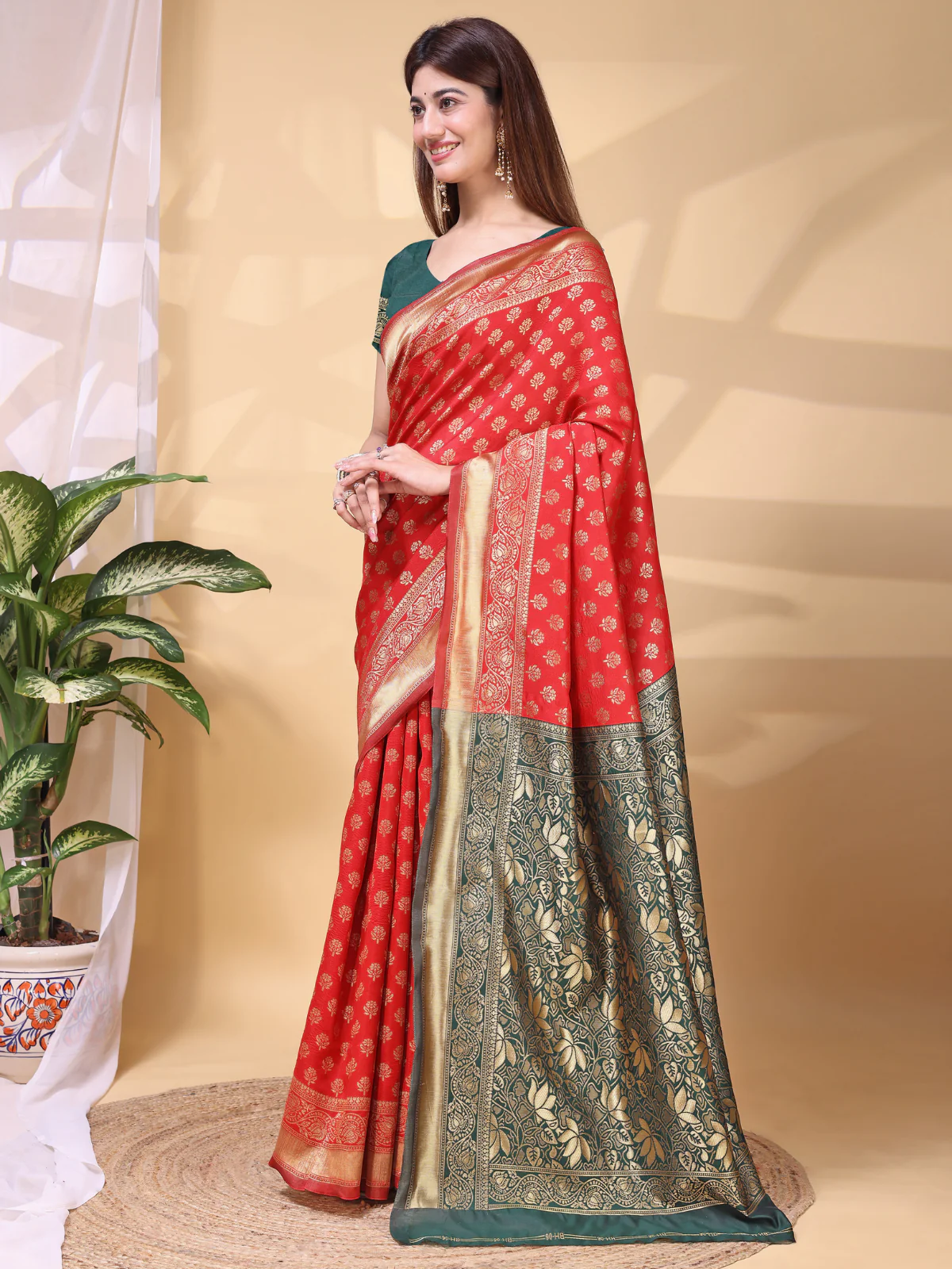 Odette Red Silk Blend Woven Saree For Women - Image 2