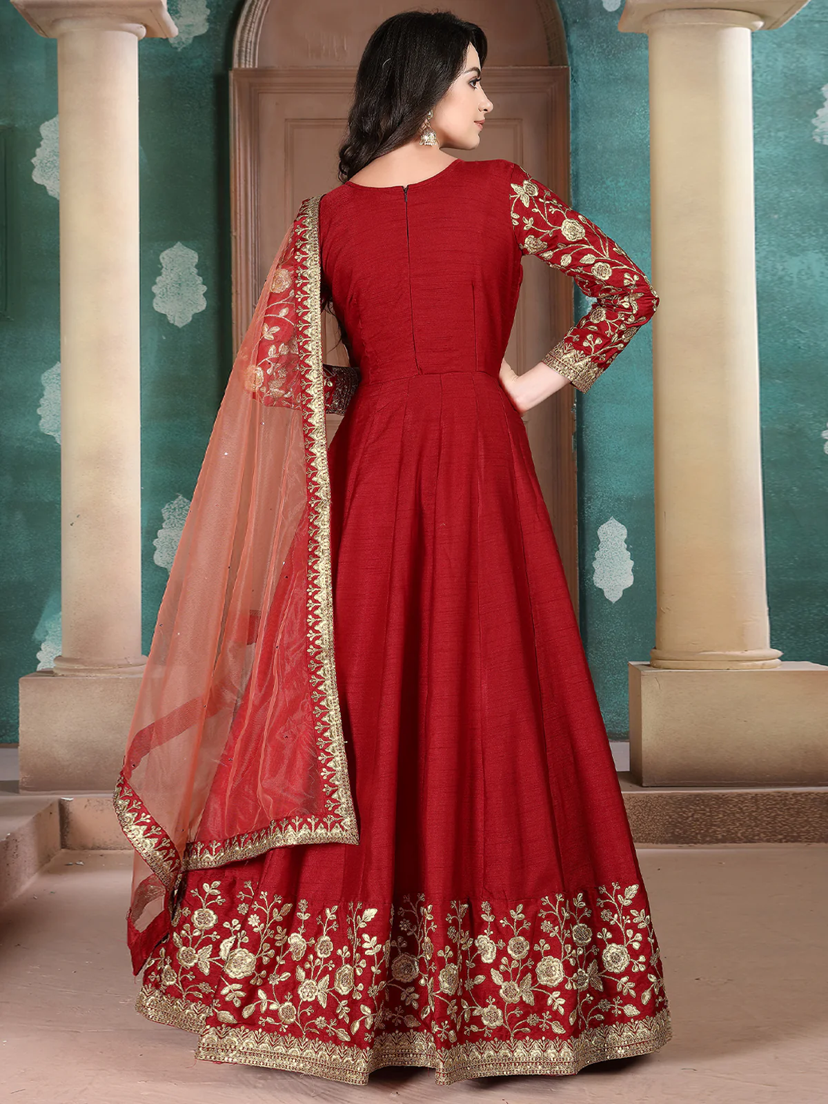 Odette Red Silk Embroidered Semi stitched Kurta Set For Women - Image 2