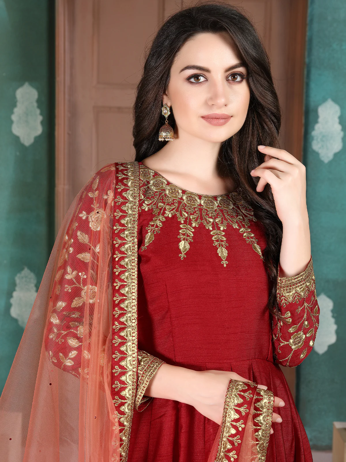 Odette Red Silk Embroidered Semi stitched Kurta Set For Women - Image 3