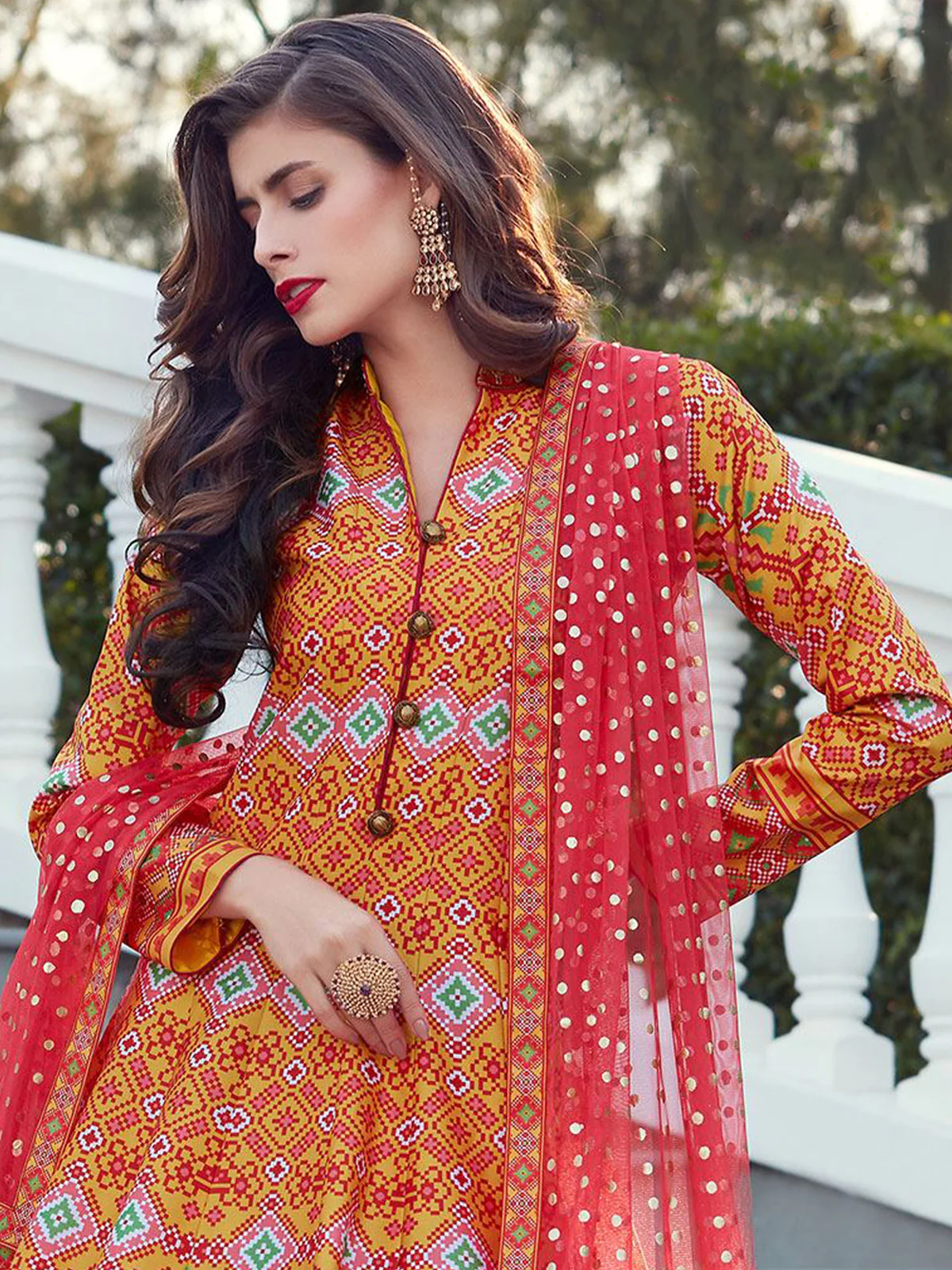 Odette Red Silk Printed Stitched Kurta Set For Women - Image 2