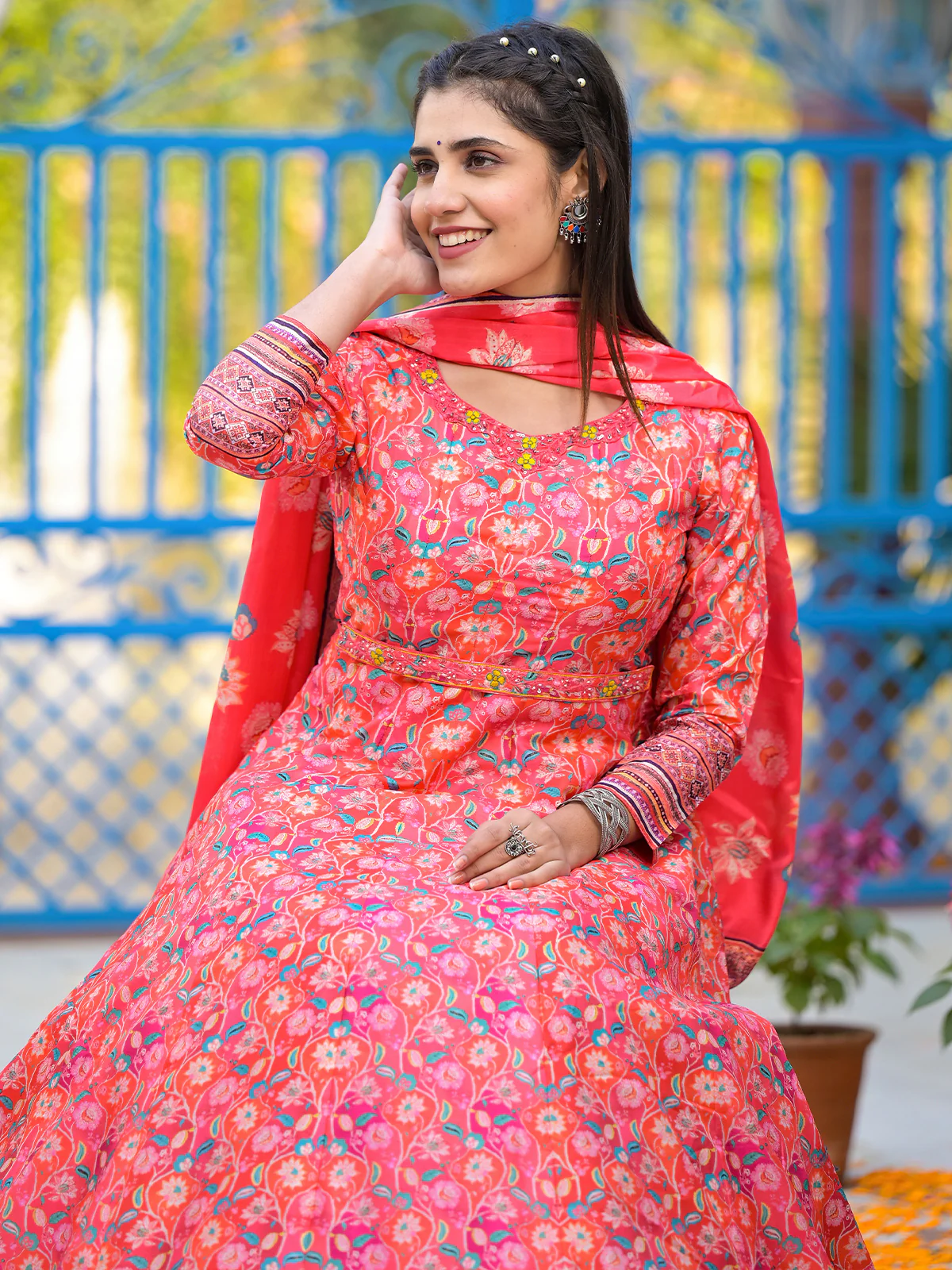 Odette Red Silk Stitched Gown with Dupatta For Women - Image 3