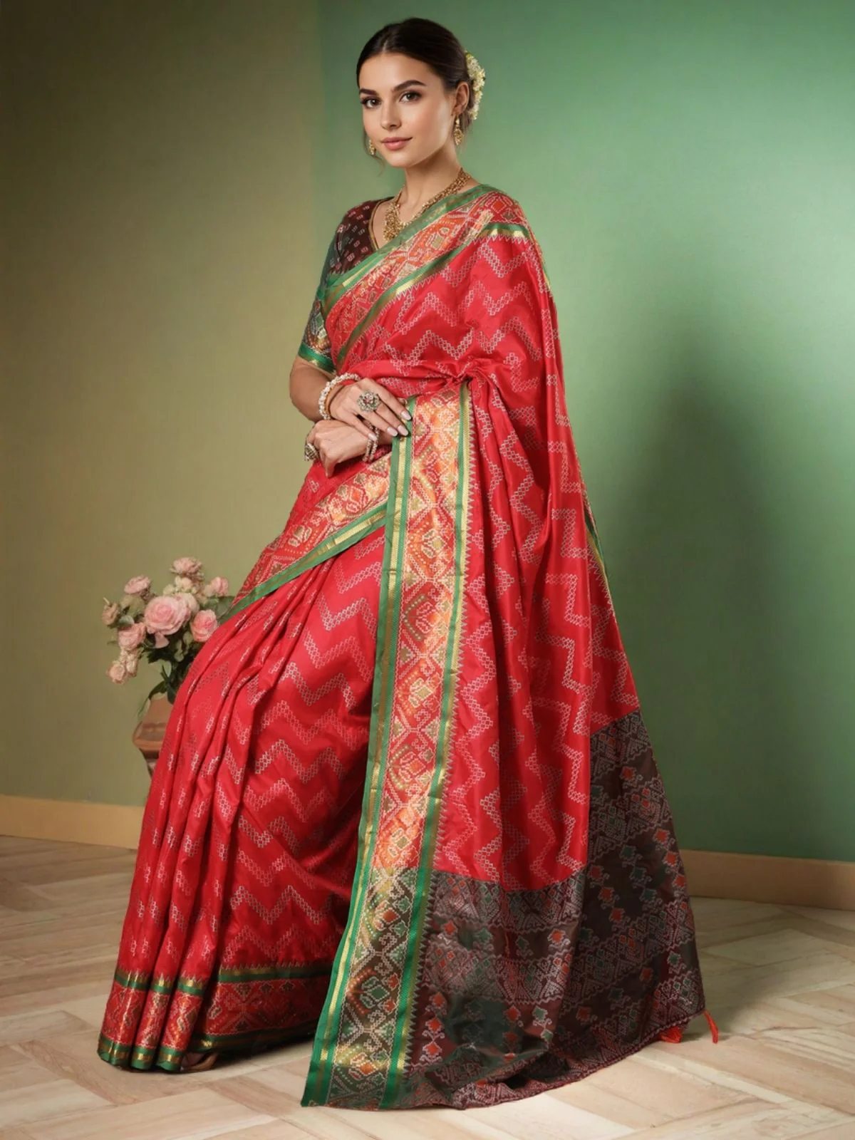 Odette Red Silk Woven Saree For Women - Image 3