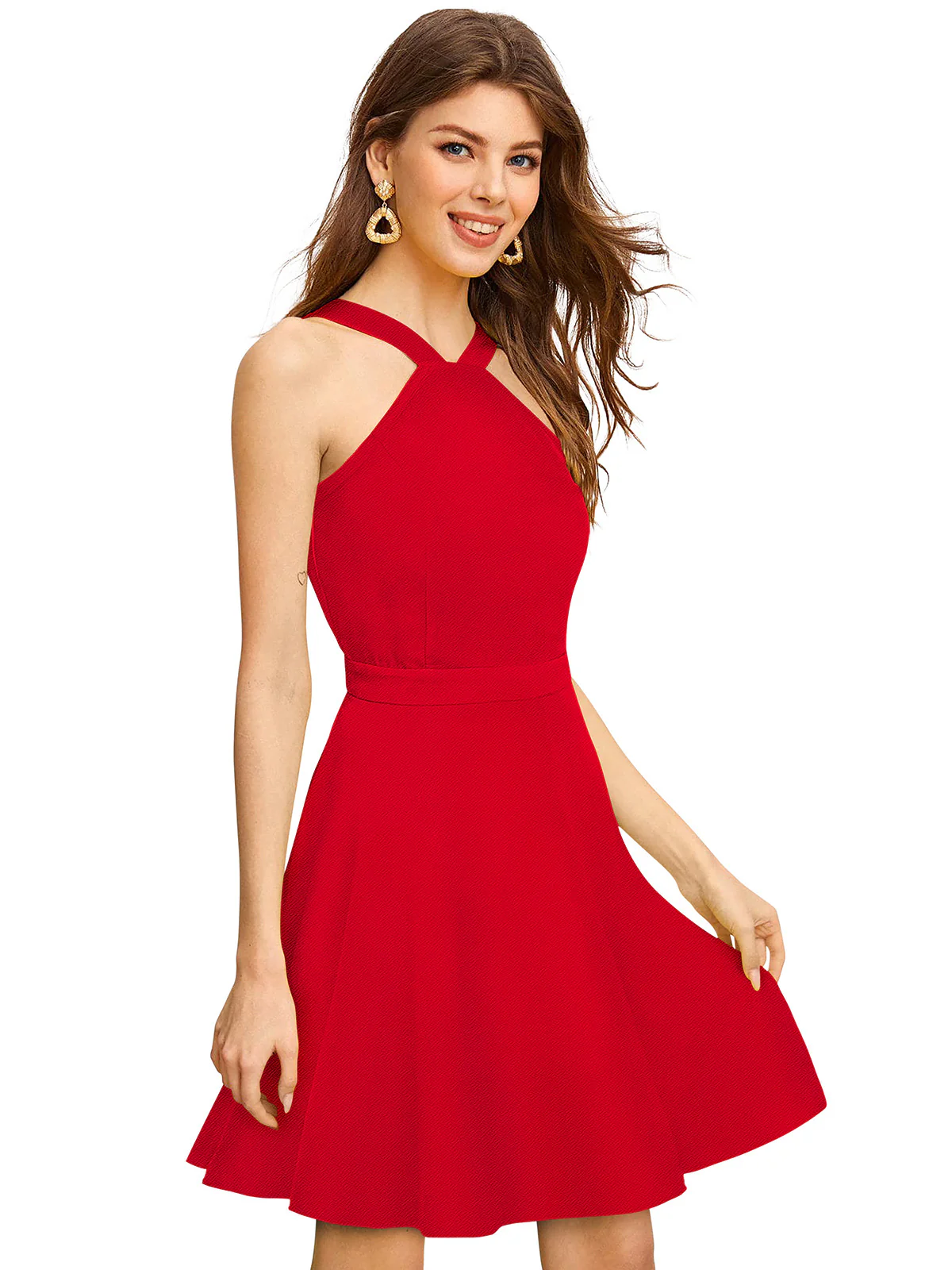 Odette Red Skater Knit Fabric Dress For Women - Image 3