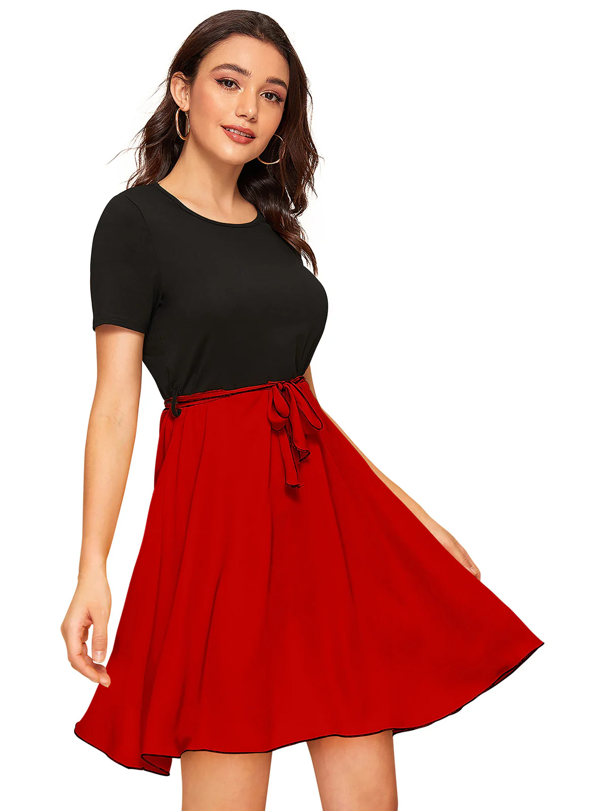 Odette Red and Black Knit Fabric Dress For Women - Image 2