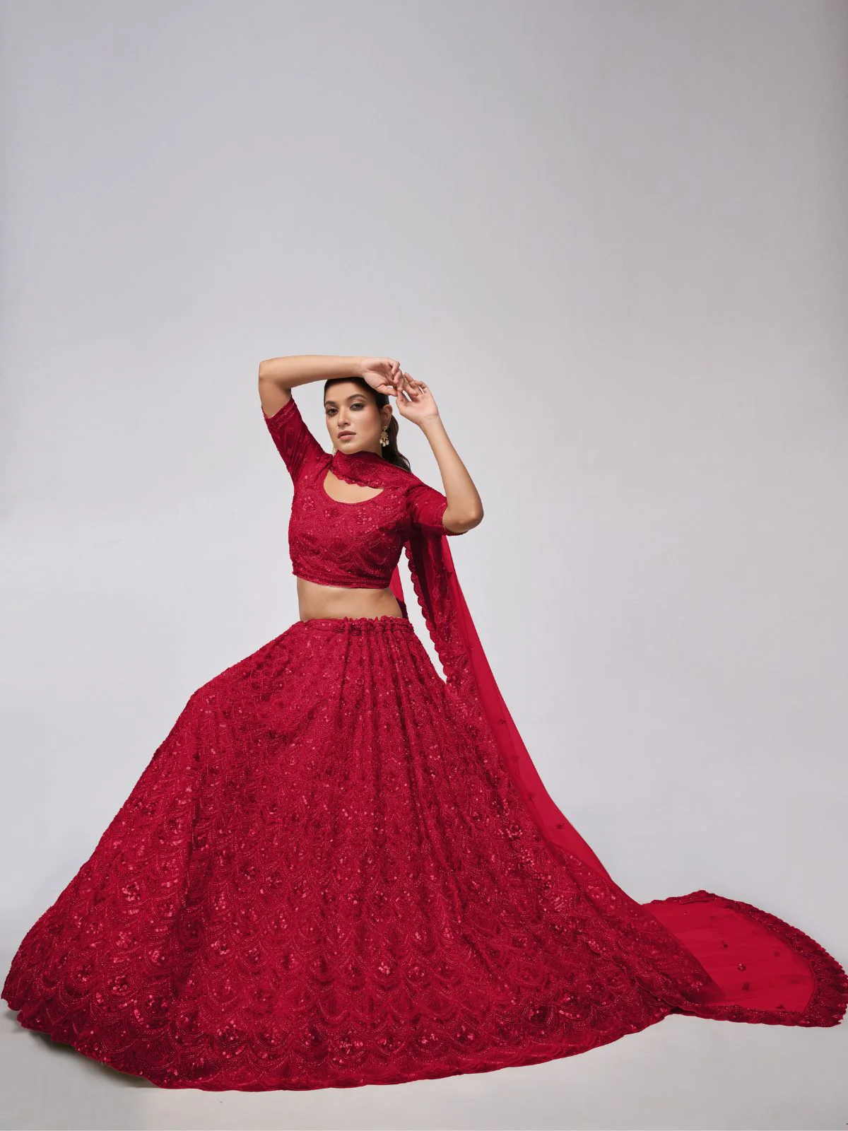 Odette Red Soft Net Embroidered Semi Stitched Lehenga With Unstitched Blouse For Women - Image 2