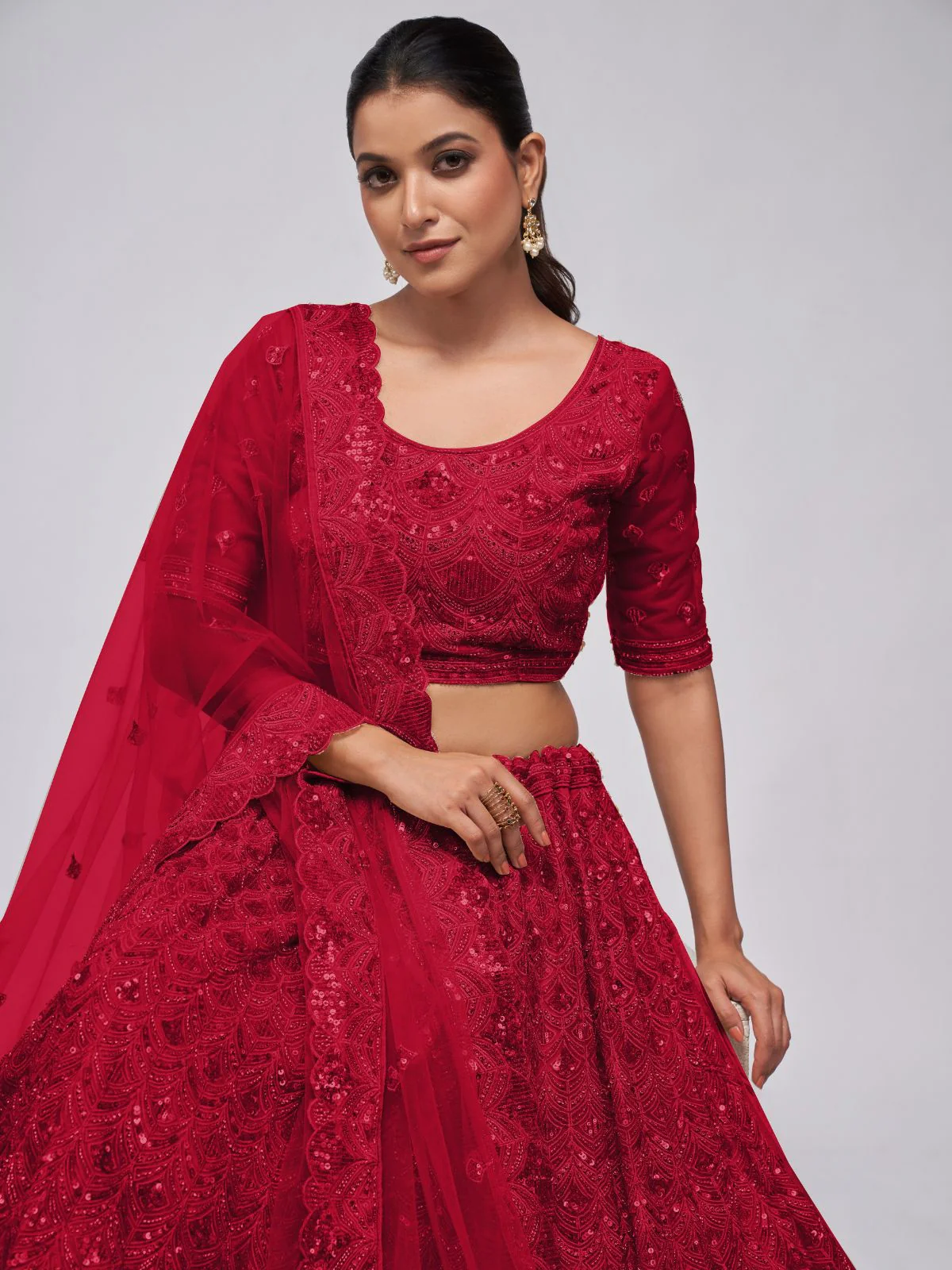 Odette Red Soft Net Embroidered Semi Stitched Lehenga With Unstitched Blouse For Women - Image 3