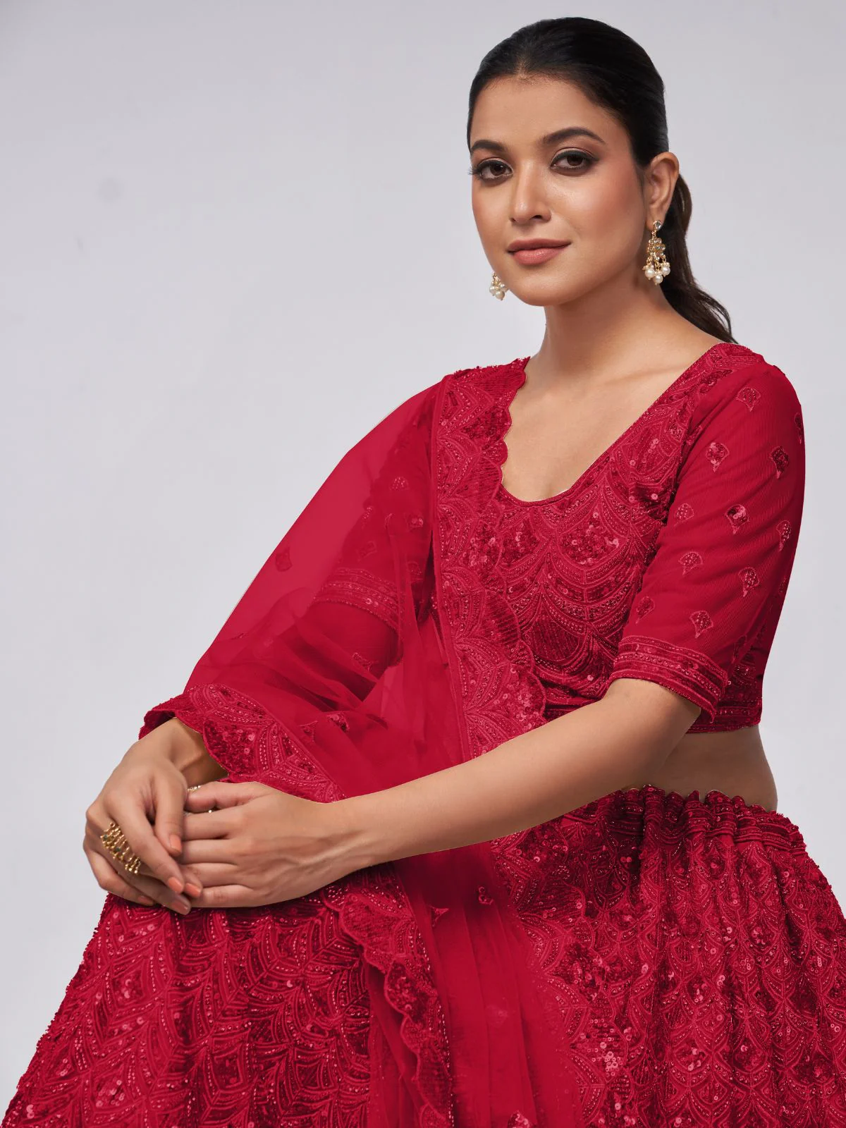 Odette Red Soft Net Embroidered Semi Stitched Lehenga With Unstitched Blouse For Women - Image 4