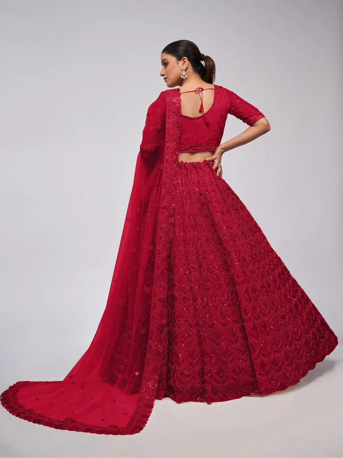 Odette Red Soft Net Embroidered Semi Stitched Lehenga With Unstitched Blouse For Women - Image 5