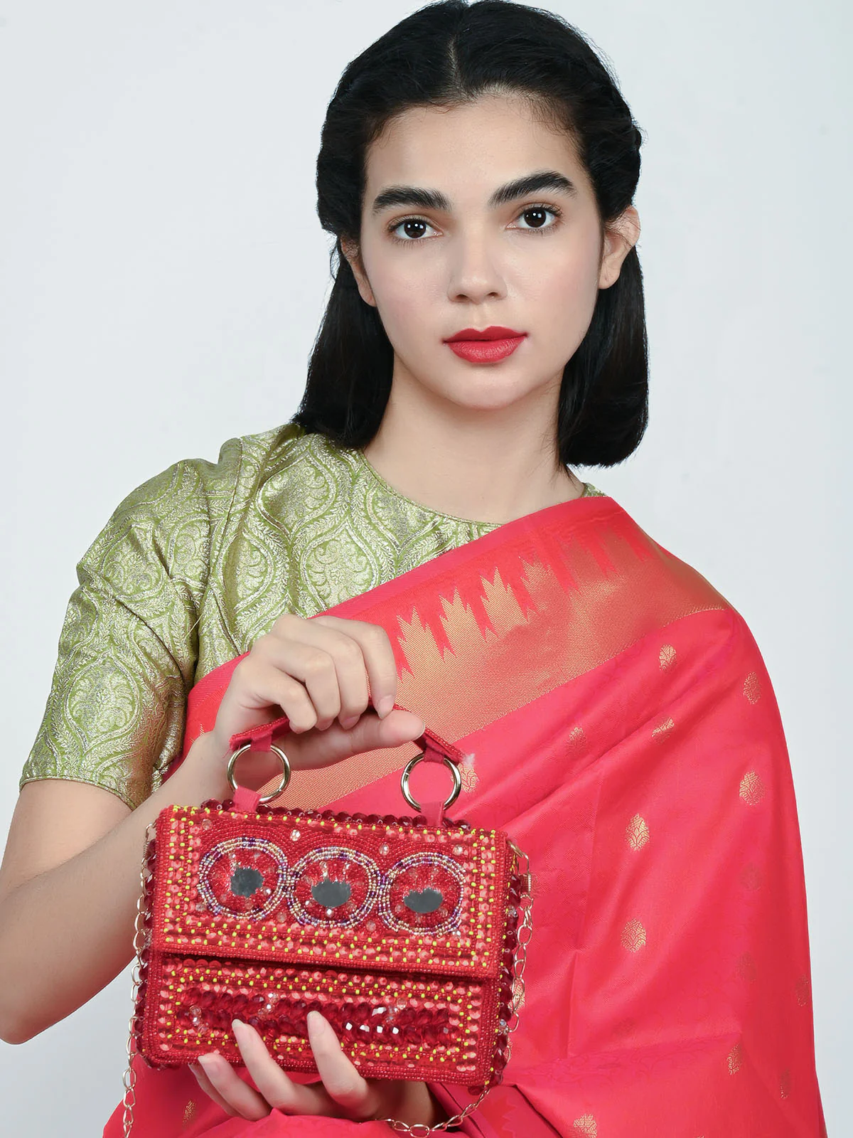 Odette Red Suede Embellished Clutch For Women - Image 2