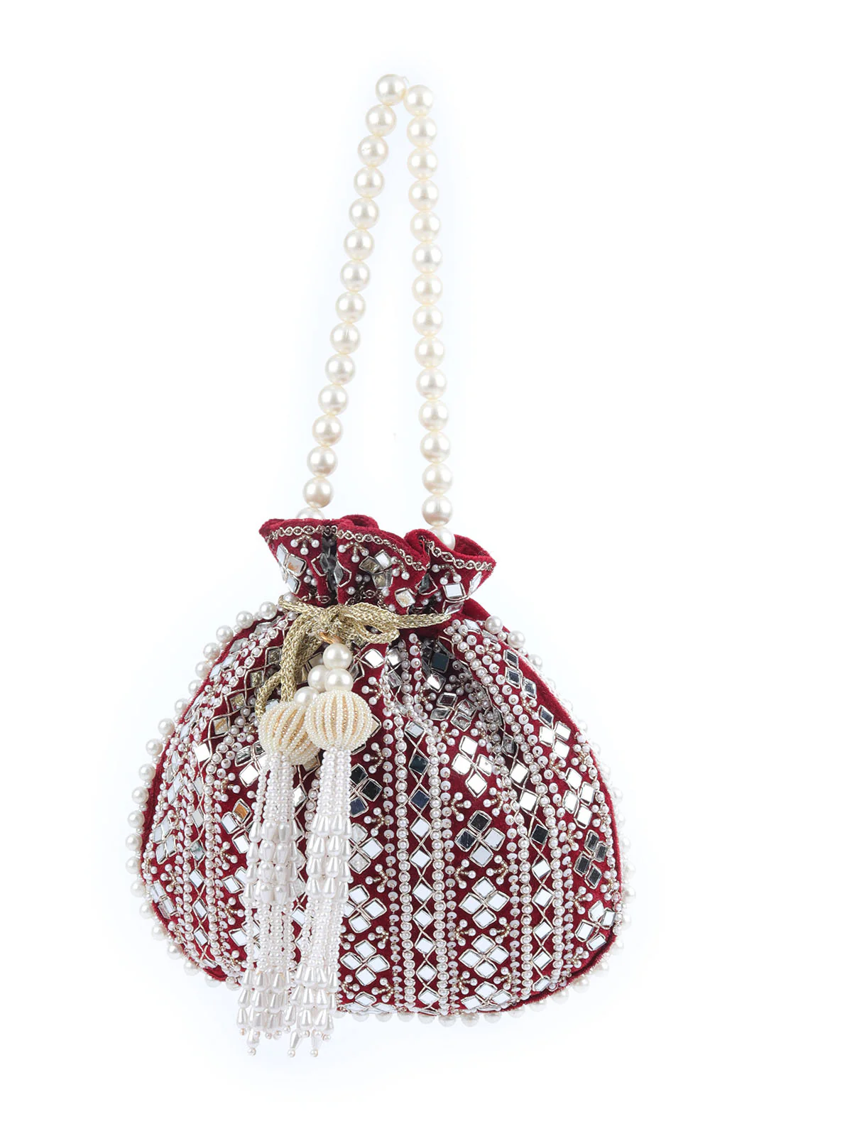 Odette Red Suede Embellished Potli For Women - Image 3