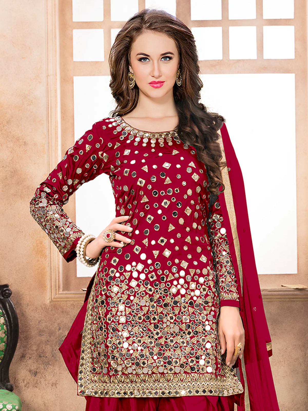 Odette Red Tafeta Embellished Semi stitched Kurta Set For Women - Image 2