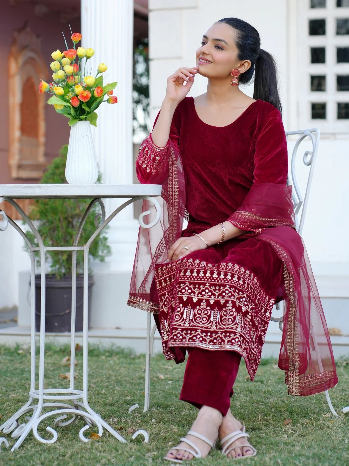 Odette Red Velvet Embroidered Stitched Kurta Set For Women - Image 4